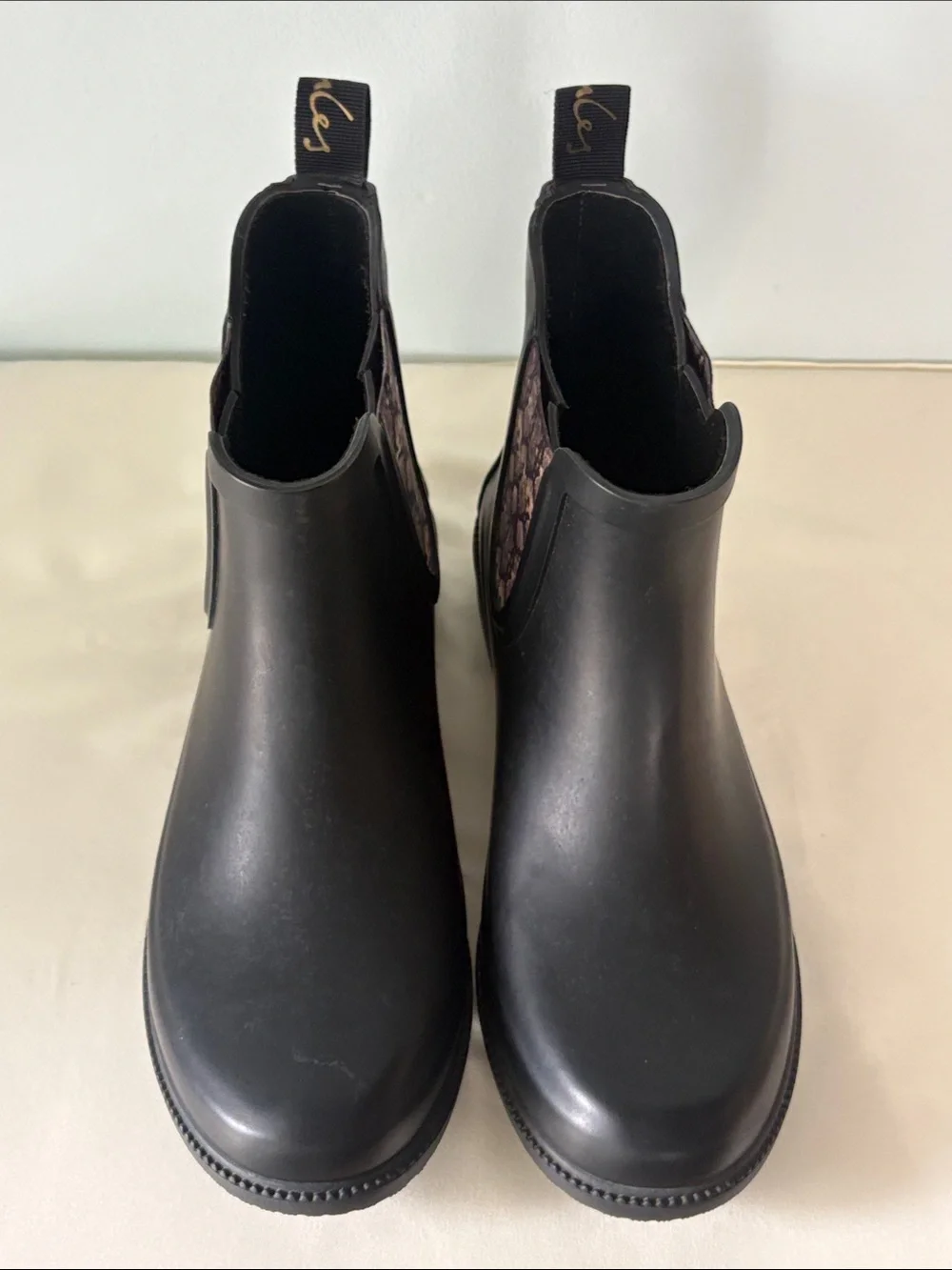 Joules Rutland Matte Black Chelsea Rain Boots with Snakeskin Patterned Inserts